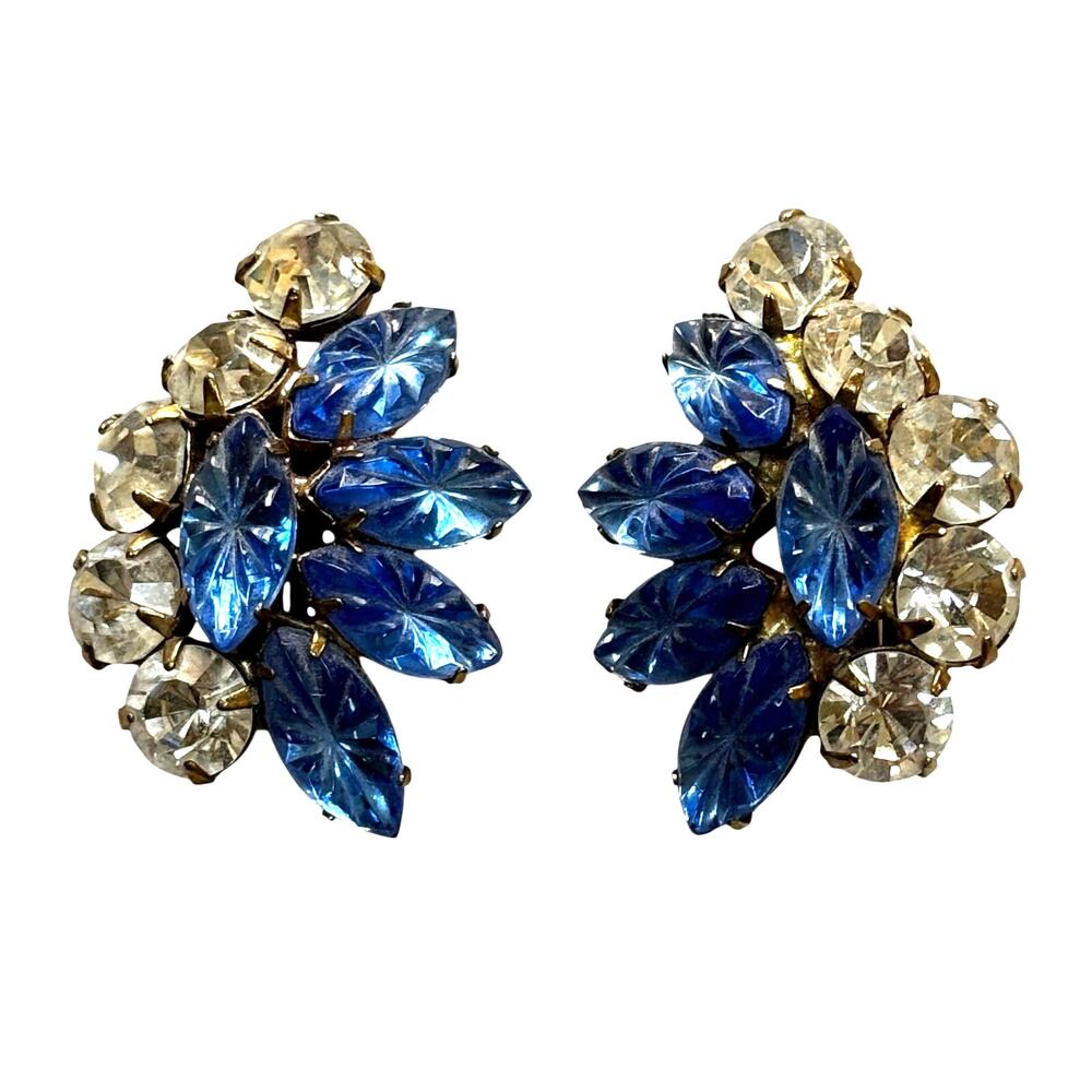Vintage mid century clip on earrings carved blue rhinestones dressy statement